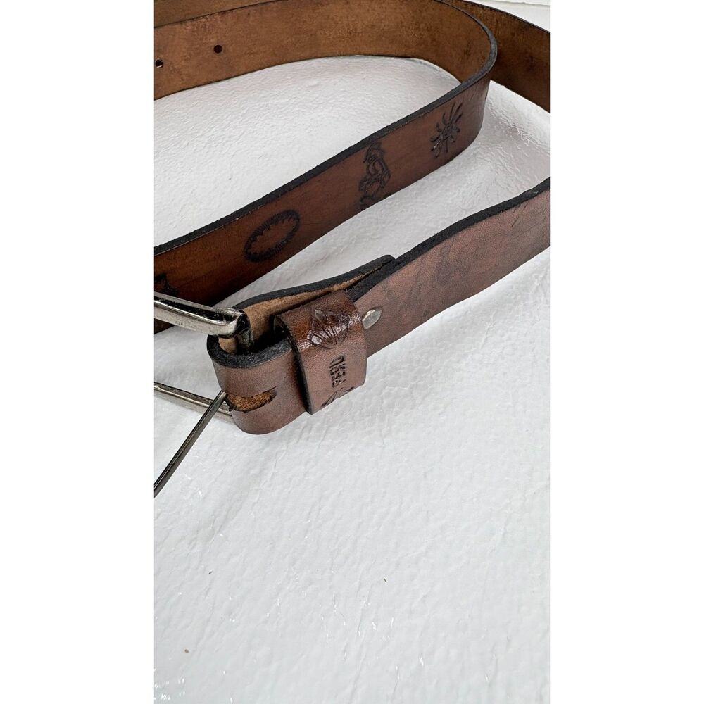 Peru Belt Brown Leather Embossed Celestial Animal Motifs Silver Buckle 58" - Picture 10 of 15